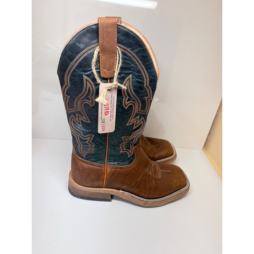 Anderson Bean Mens 8.5EE Briar Brown Teal Wide Square Toe Cowboy Boots